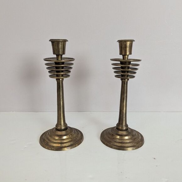 Pair of Vintage Brass Candlestick Holders – 7.5" Tall – MCM Deco Style - Picture 1 of 7